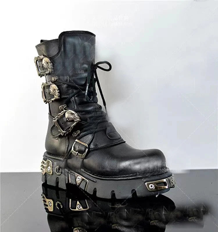 Genuine Leather Motorcycle Boots Goth Skull Embellishment With Metal Hardware — Black | KIMLUD