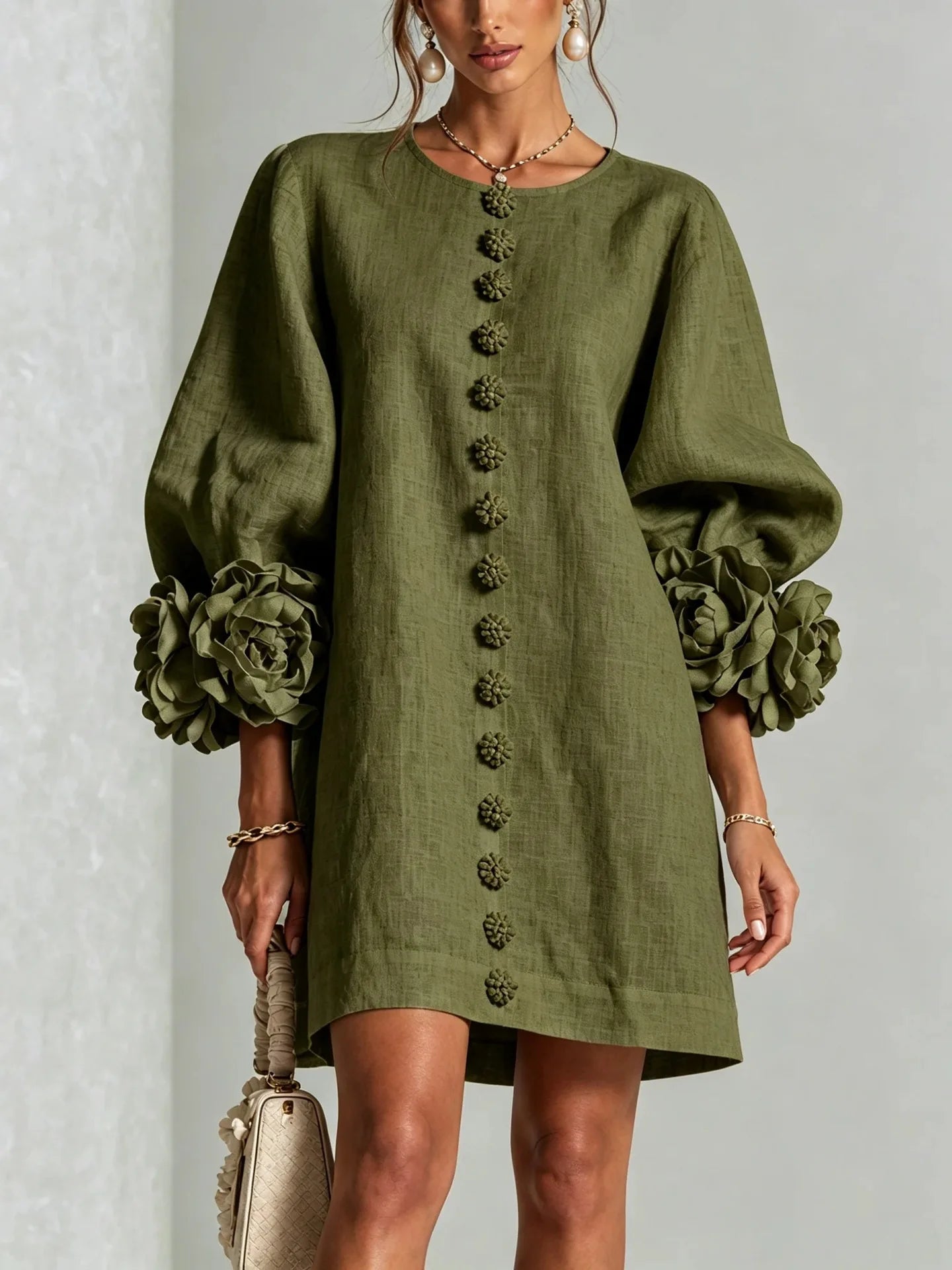 French-style Three-dimensional Flower Lantern Sleeve Cotton-linen Dress with a Round Neck, Single Button Closure, Loose Fit, and