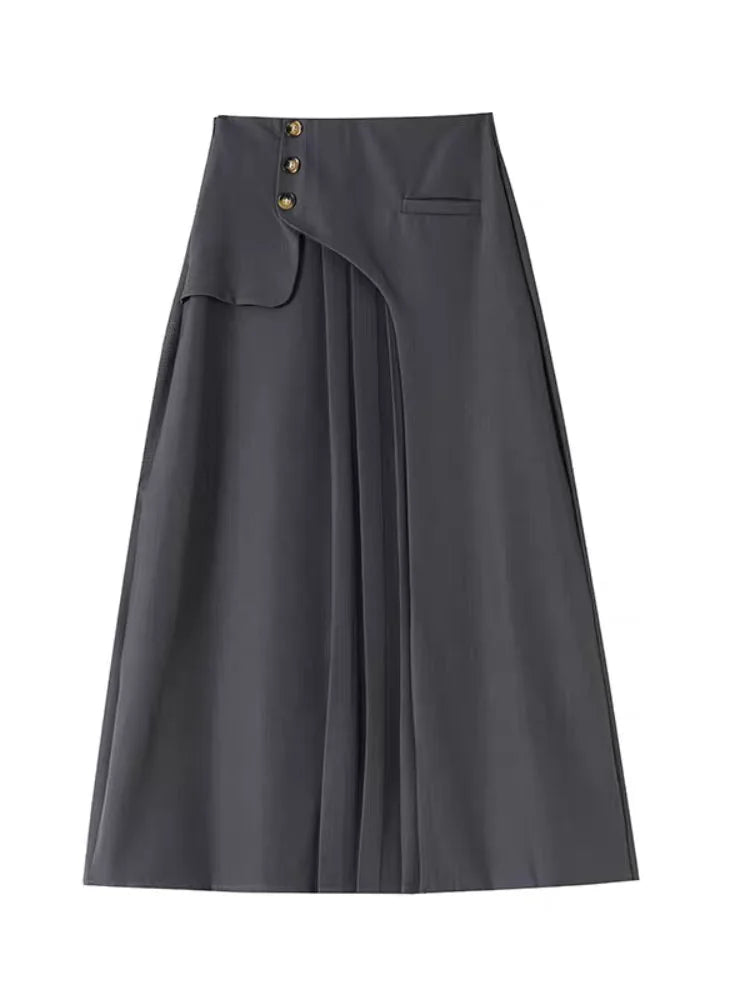 Grey Suiting Midi Skirts for Women High-Waisted A-Line Flare Skirt Perfect Hip-Camouflage Office Skirt for Autumn