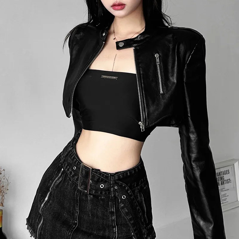 Nibber 2024 Autumn New Vintage Classic Black Hottie Mysterious All-Match Casual High Street Cool Confident Women's Matte Jacket