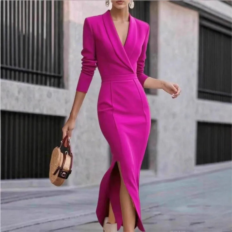 Autumn Winter New Fashionable Green Fruit Collar Slim Fit Long Dress Solid Color Waist Cinched Hem Slit Long Sleeved Dress Women