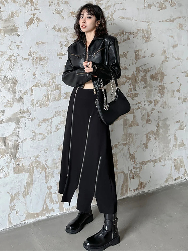 Skirt – High Elastic Waist Zipper A-Line Split – Jersey – Black | KIMLUD
