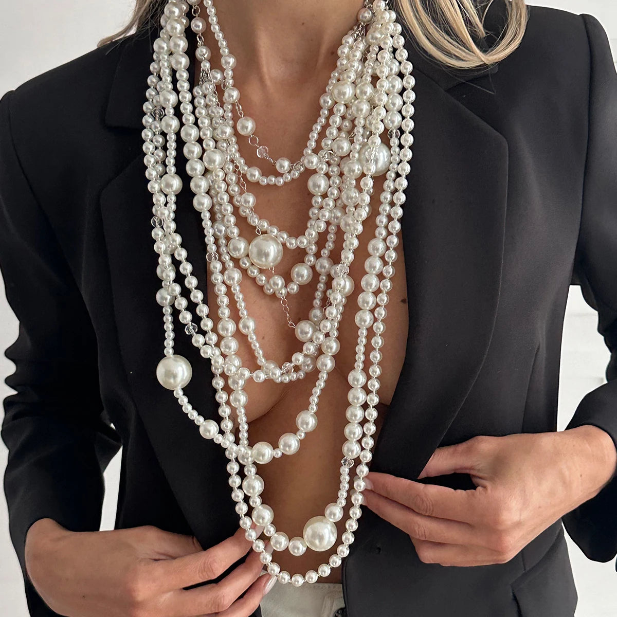 Exaggerated Layered Necklace Imitation Pearl Long Tassel — White | KIMLUD