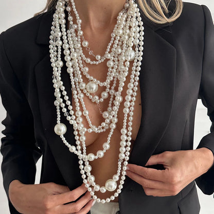 Layered Pearl Choker Necklace – Long Tassel Pendant – Pearl | KIMLUD