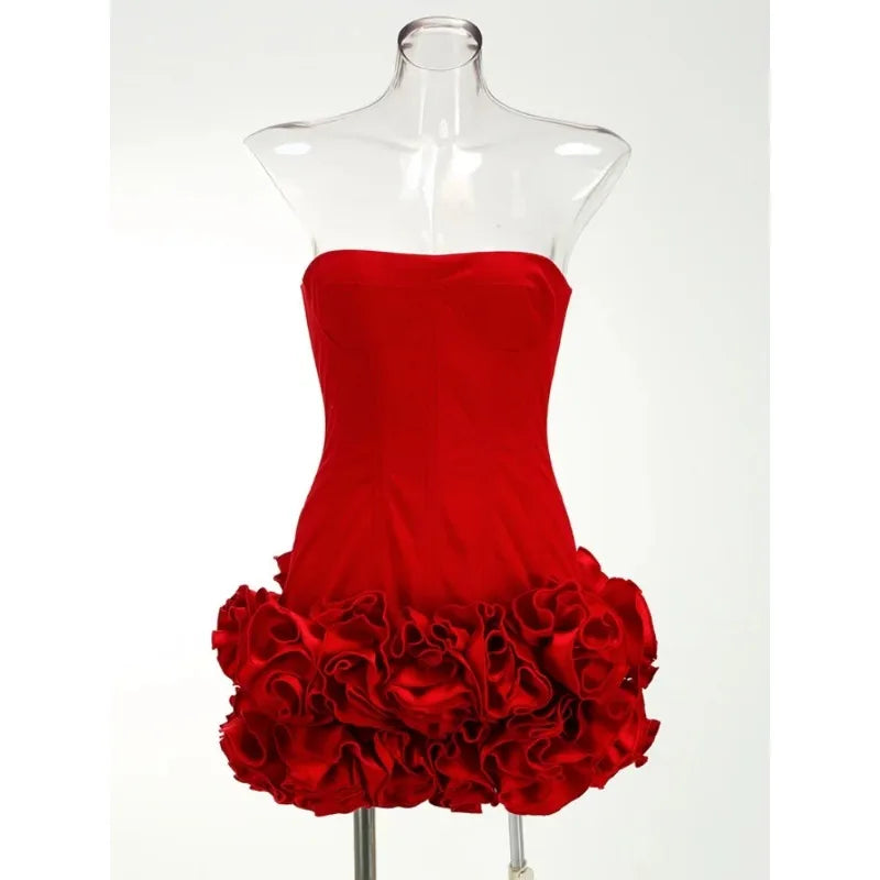 Bandage Mini Dress Strapless With Floral Lace Back — Crimson Red | KIMLUD