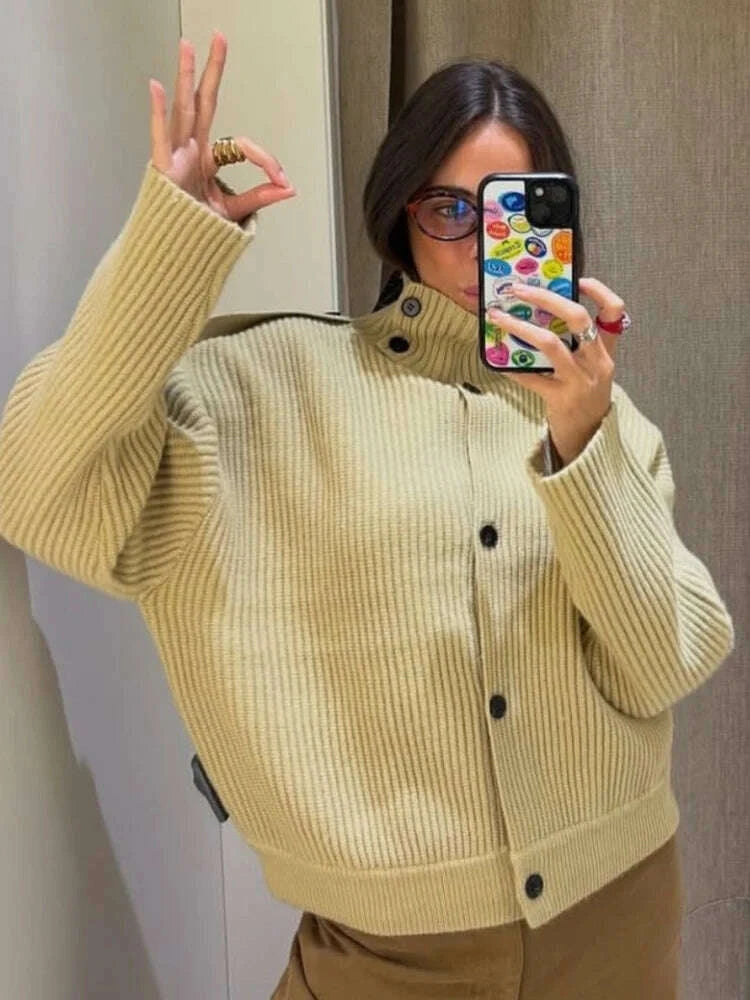 KIMLUD, TFMLN Women's Knitted Cardigan Solid Stand-Up Collar Epaulet Single Breasted Female Sweater Coat Loose Fit Casual Knitwear, KIMLUD Womens Clothes