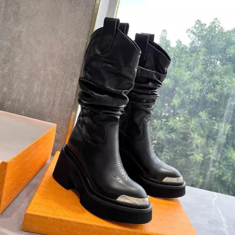 Genuine Leather Riding Boots Mid-Calf — Black | KIMLUD