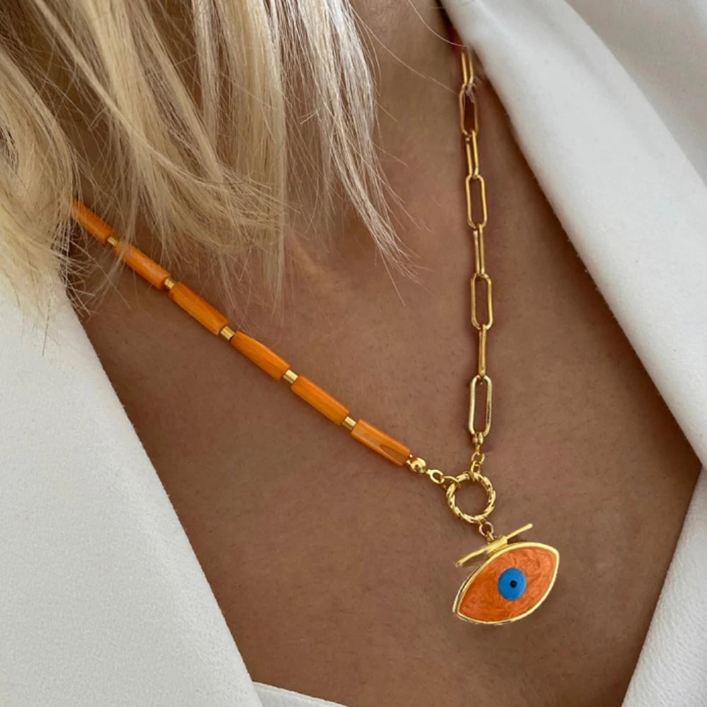 KIMLUD, Bohemian Colorful Glaze Fish Pendant for Women Striped Beaded Necklace Seaside Vacation Party Accessories, necklace 18, KIMLUD APPAREL - Womens Clothes