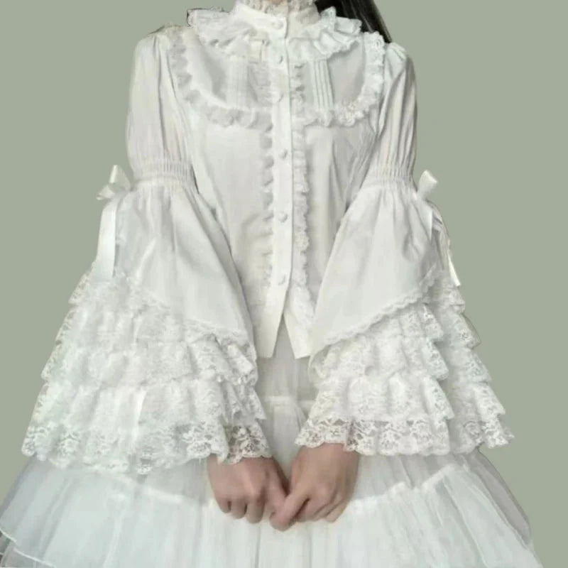 Japanese Sweet Cute Lolita Flare Sleeve Bow Shirts Women Y2k Aesthetic Lace Patchwork Blouse Kawaii Girl Loose Blusas Mujer Tops