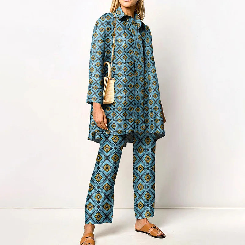 Two-Piece Set – Printed Autumn Vintage – Broadcloth – Wide-Leg Pants | KIMLUD
