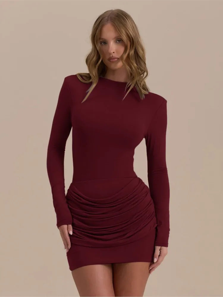 Polyester Pleated Stretch Long Sleeve Dress Gathered Hip Silhouette — Jet Black | KIMLUD