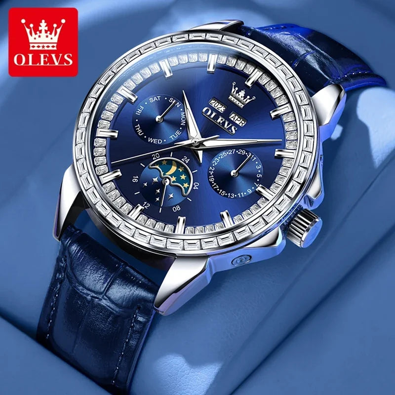 OLEVS 6695 NEW Men's Watches Full Multifunctional Dial Blue Leather Strap Calendar Week Moon Phase Waterproof Wristwatch