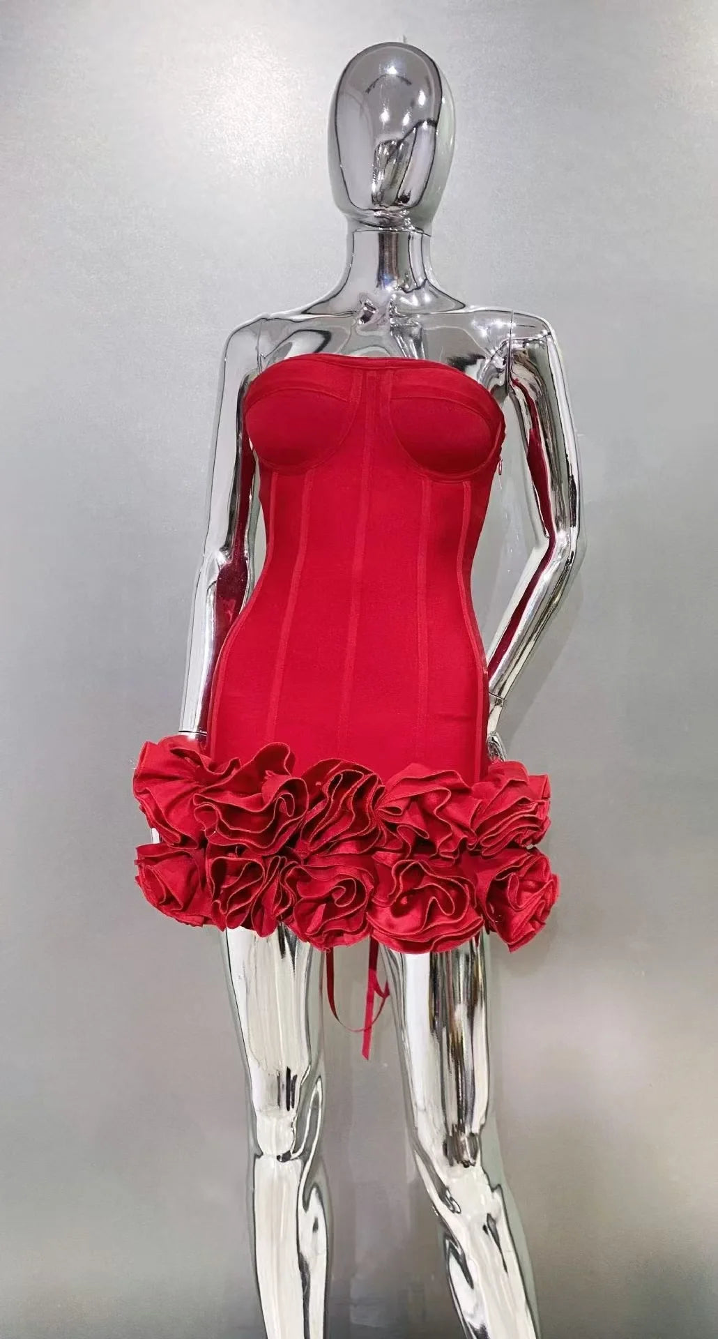 Bandage Mini Dress With Stereoscopic Floral Lace — Red | KIMLUD