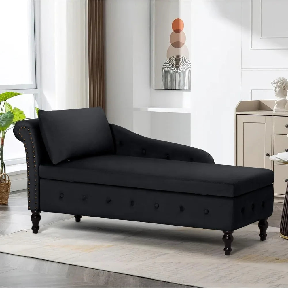 Velvet Chaise Lounge with Left Armrest & Storage Space,Button Tufted Lounge Chair w/Lumbar Pillow,Modern Upholstered Lounge Chai