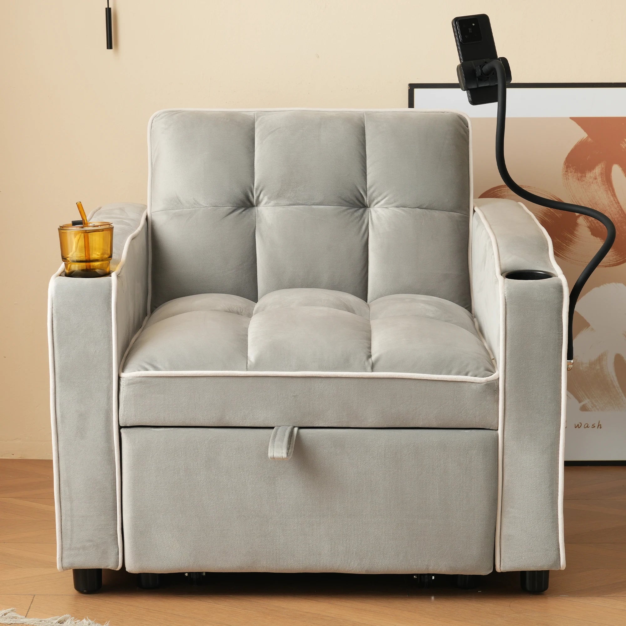 Convertible Sofa Bed 3-in-1 With Beverage Rack And Phone Holder — Soft Ash Gray | KIMLUD