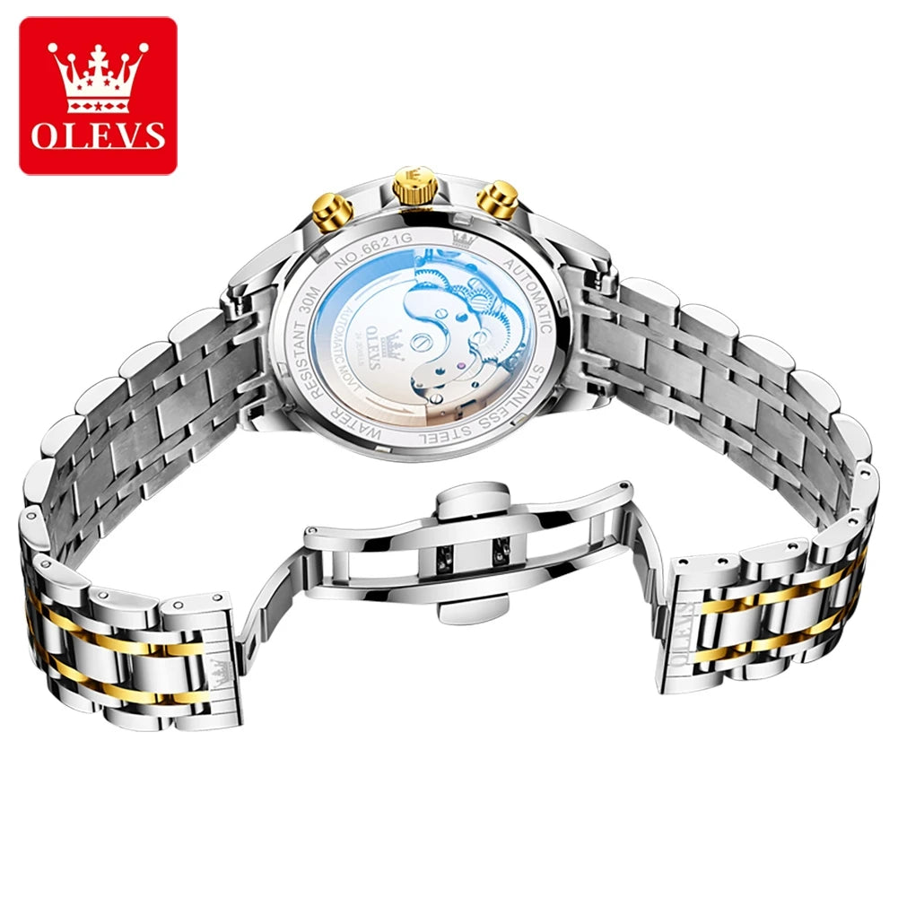 OLEVS Original Brand Men's Watches Skeleton Luminous Moon Phase Automatic Mechanical Watch Prism Mirror Fashion Top Wristwatch