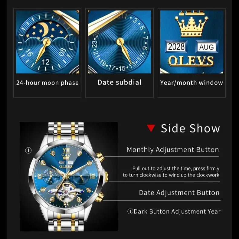 OLEVS 6621 Men Watch Top Brand Moon Phase Watch for Men Dual Calendar Display Original Watches NEW