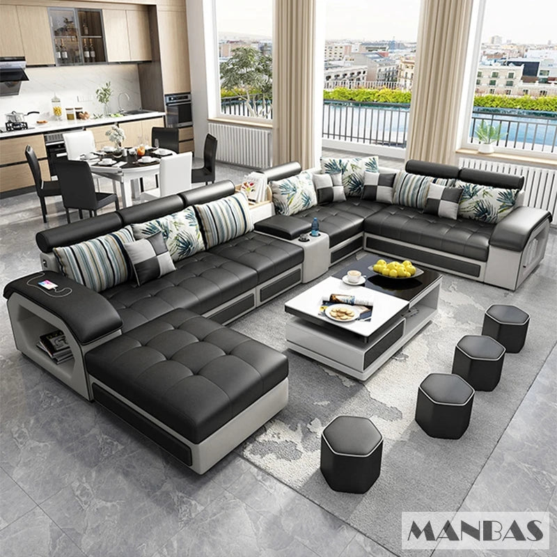 Fabric U-Shape Sofa Set With USB Ports And Stools — Grey | KIMLUD