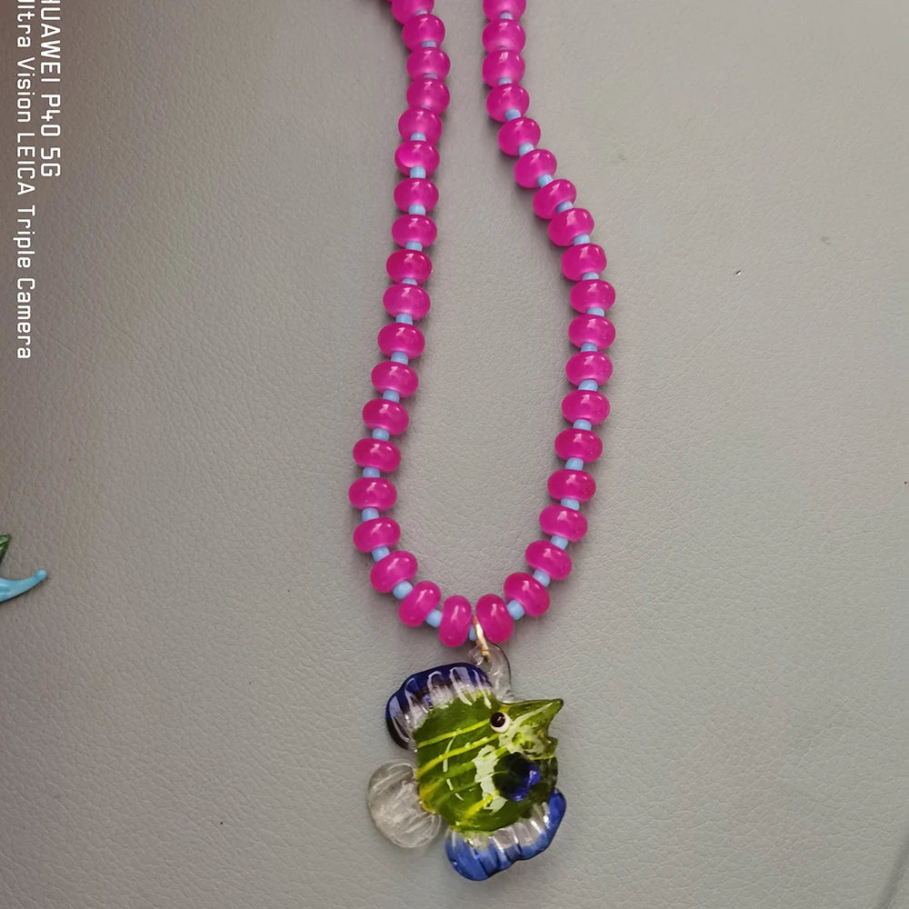 KIMLUD, Bohemian Colorful Glaze Fish Pendant for Women Striped Beaded Necklace Seaside Vacation Party Accessories, necklace 7, KIMLUD APPAREL - Womens Clothes