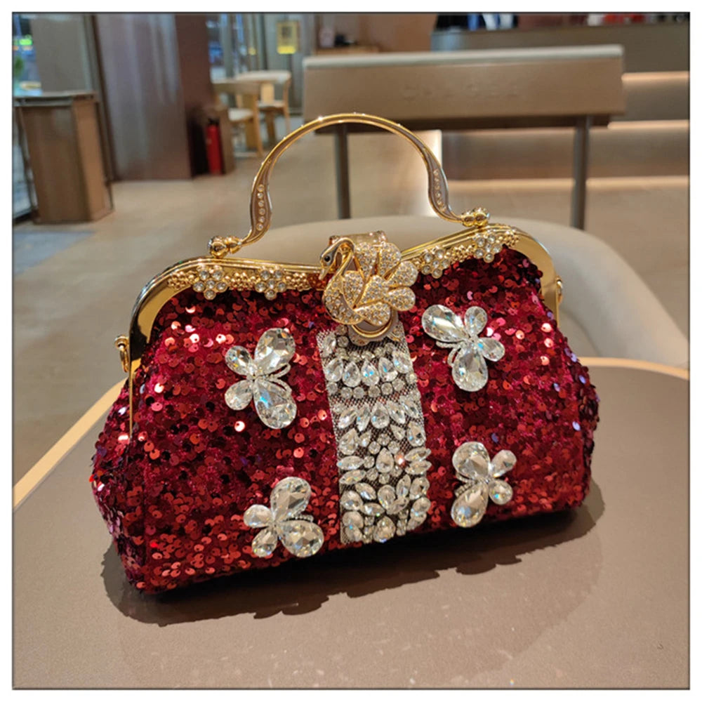 Leather Crystal Sequin Buckle Handbag — Black | KIMLUD