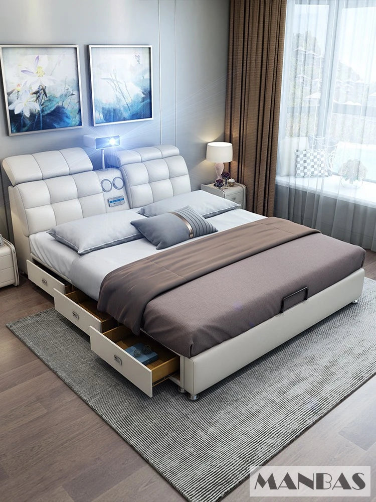 Genuine Leather Bed Frame Smart Multifunctional Tech — Ivory | KIMLUD
