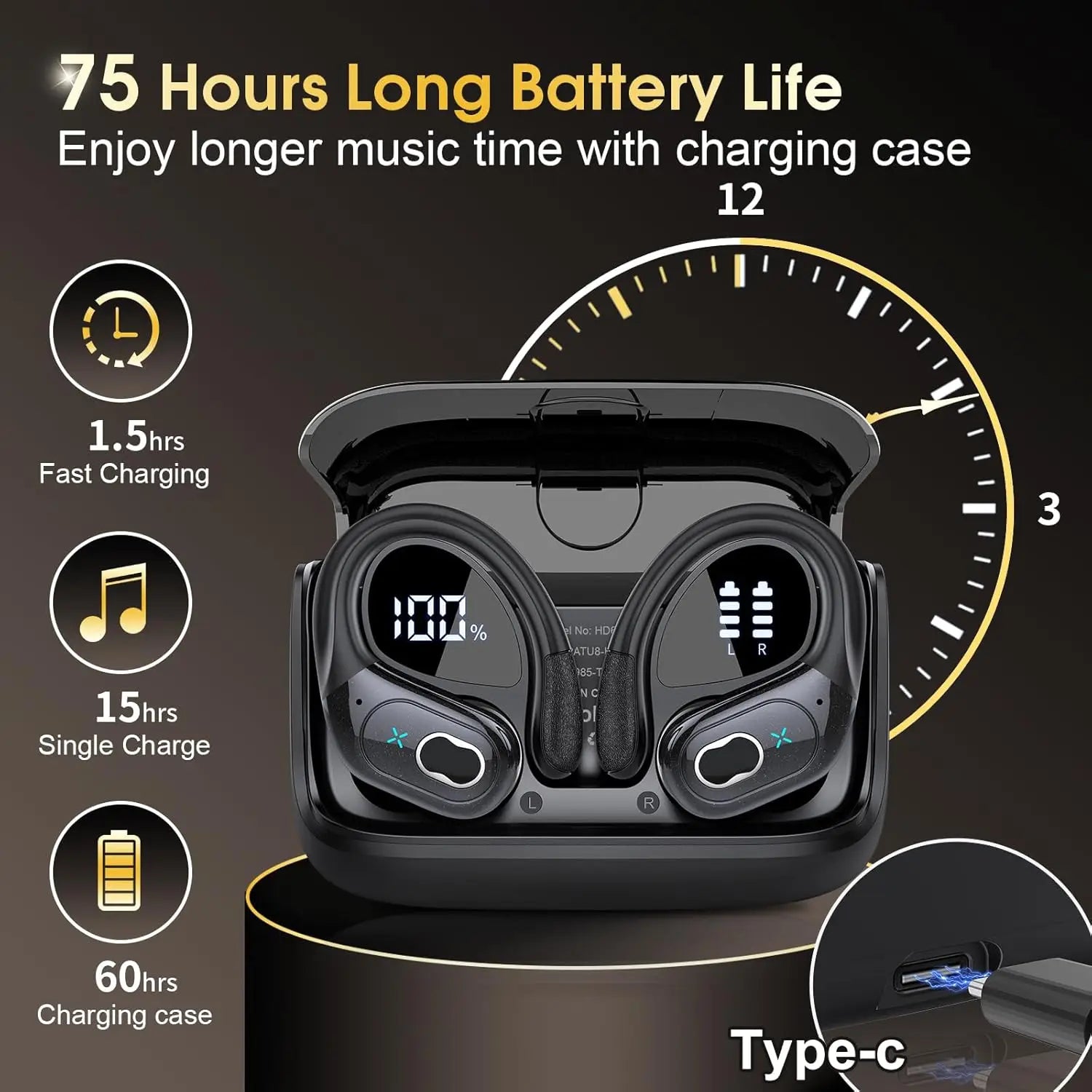 Glossy Plastic True Wireless Sport Earbuds With LED Touch Controls And Auto Pairing — Black | KIMLUD