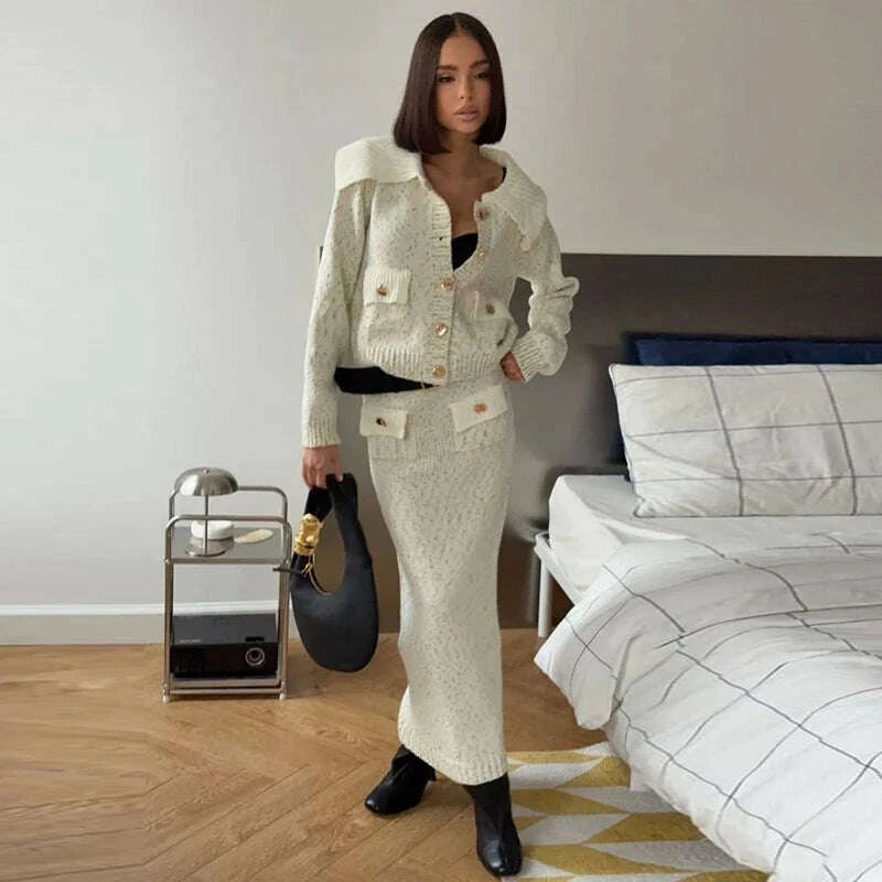 Fashion Knitted Long Skirts Sets Women Lapel Full Sleeve Single Breasted Sweater Hip Package Slim Skirt 2026 Spring Lady Outfits