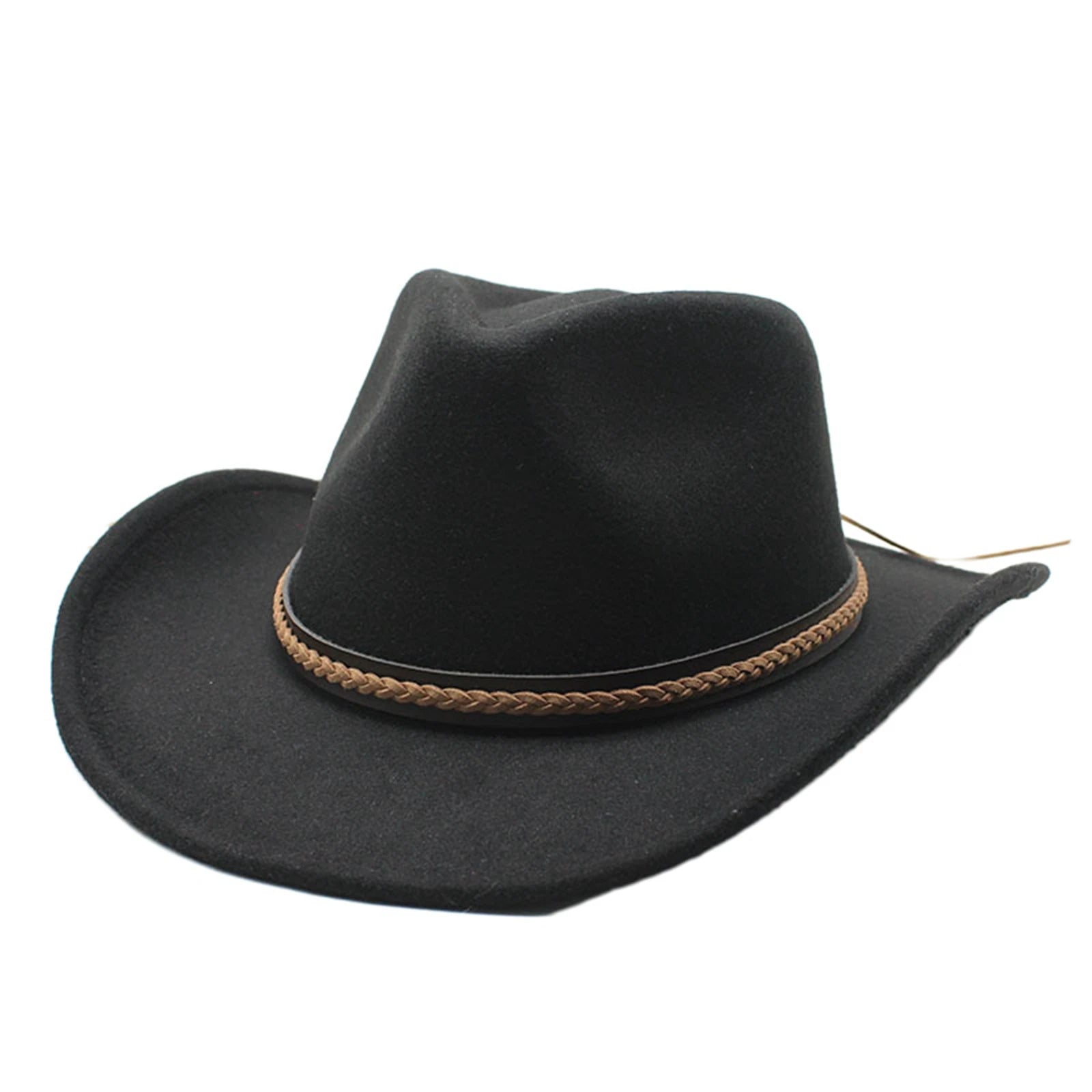 Felt Cowboy Hat Wide Brim With Decorative Band — Black | KIMLUD