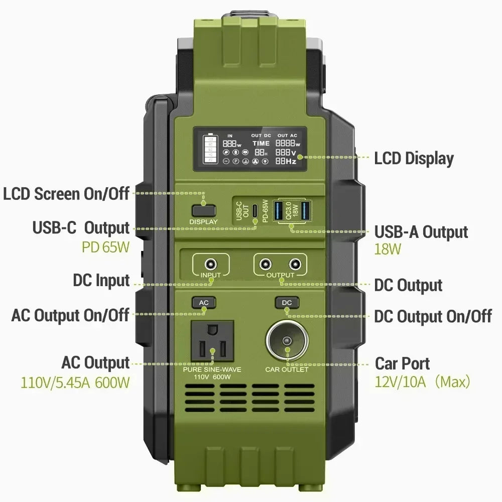 Portable Power Station 614.4Wh Battery Pack with 600W (1200W Surge) AC Outlets Solar Battery Generator for Outdoor Camping RV