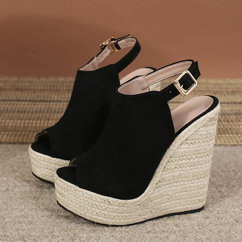 Liyke Size 34-42 Black Women Platform Wedge Sandals Summer Fashion Peep Toe Buckle Strap High Heels Ladies Shoes Sandalias Mujer