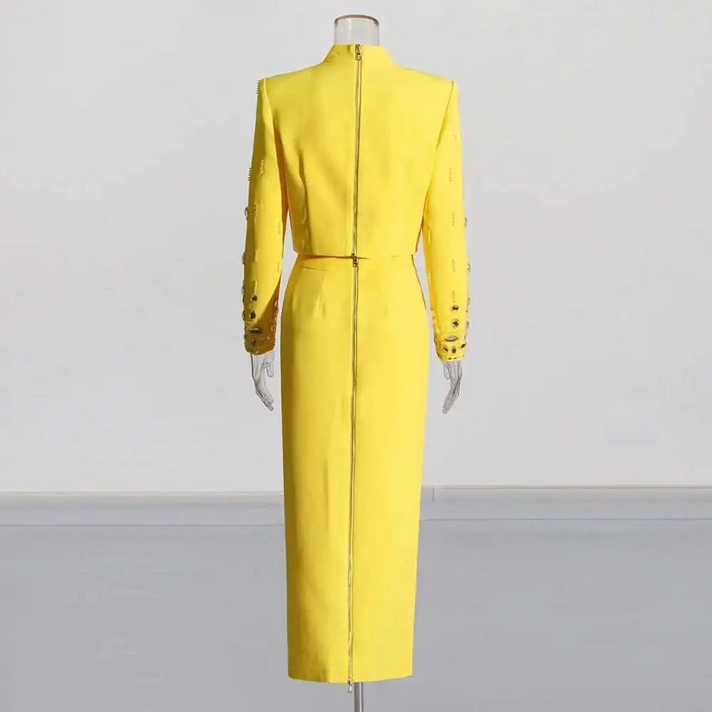 KIMLUD, TWOTWINSTYLE Solid Spliced Diamonds Two Piece Set For Women Stand Collar Long Sleeve Tops High Waist A Line Skirt Set Female New, KIMLUD Womens Clothes