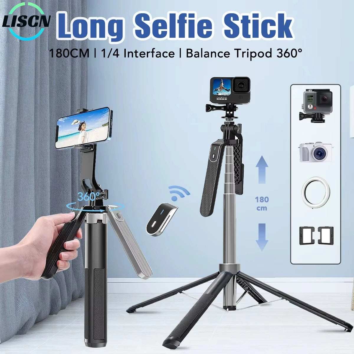 LISCN 180CM Selfie Stick Tripod  360 Rotation Portable Foldable Cell Phone Tripod Stand Stabilizer for Travel Video Photograph
