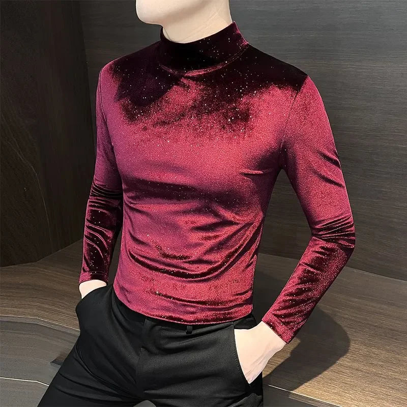 Velvet Gold T Shirt Mock-Neck Long-Sleeved Starry Sky With Subtle Tatting Texture — Gold | KIMLUD