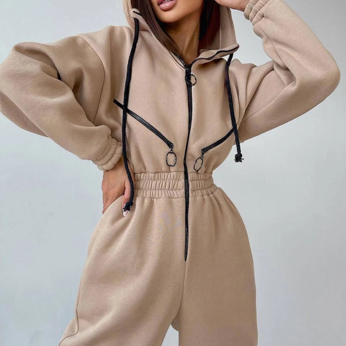 Hooded Jumpsuit – Sportswear – Polyester – Women's | KIMLUD