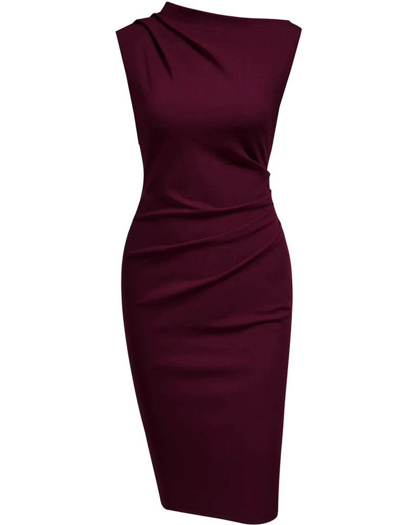 Polyester Elastane Solid Sheath Dress — Burgundy | KIMLUD