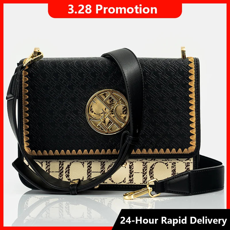 Letter-Embossed PVC Shoulder Bag Gold Medallion — Black | KIMLUD
