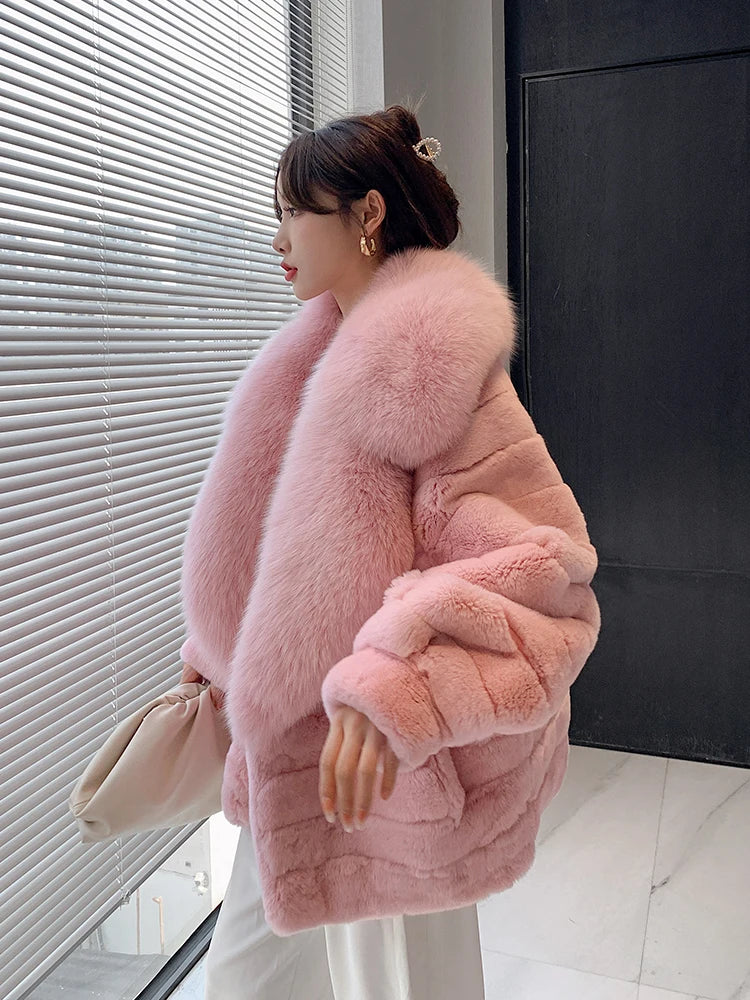 Rex Rabbit Fur Coat – Fox Fur Collar – Chinchilla Color | KIMLUD