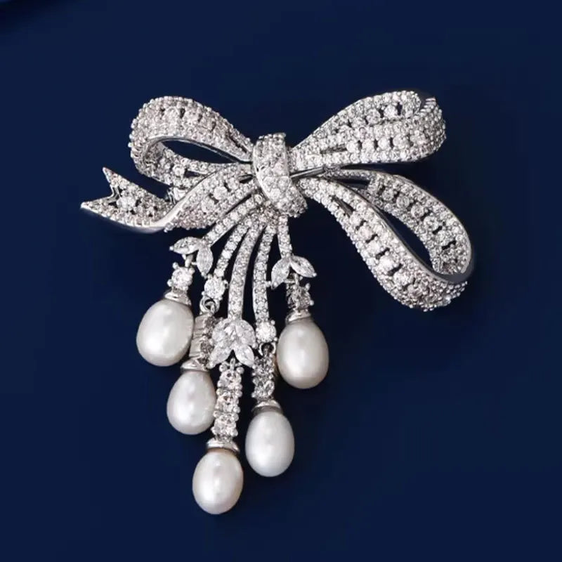 Zircon Pearl Bowknot Tassel Brooch — Crystal | KIMLUD
