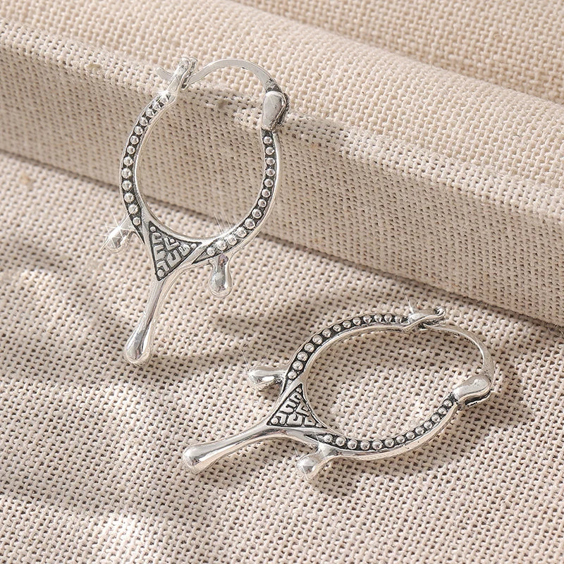 Vintage Handmade Pattern Silvery Plated Irregular Hoop Earrings Women's Fashion Personalized Banquet Festival Jewelry Accessory