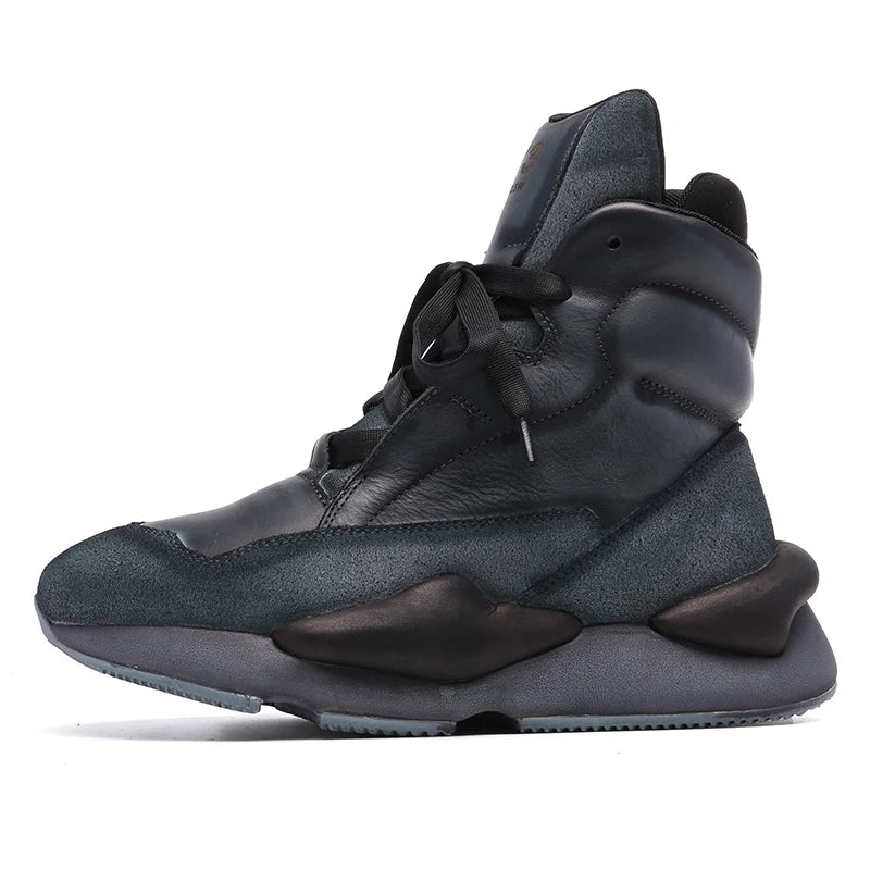 Unisex High-top Sneaker Boots Navy Blue Outdoor Casual Boots Calf Leather Mens' Trainers Leather Women Sneakers Oversized 35-46