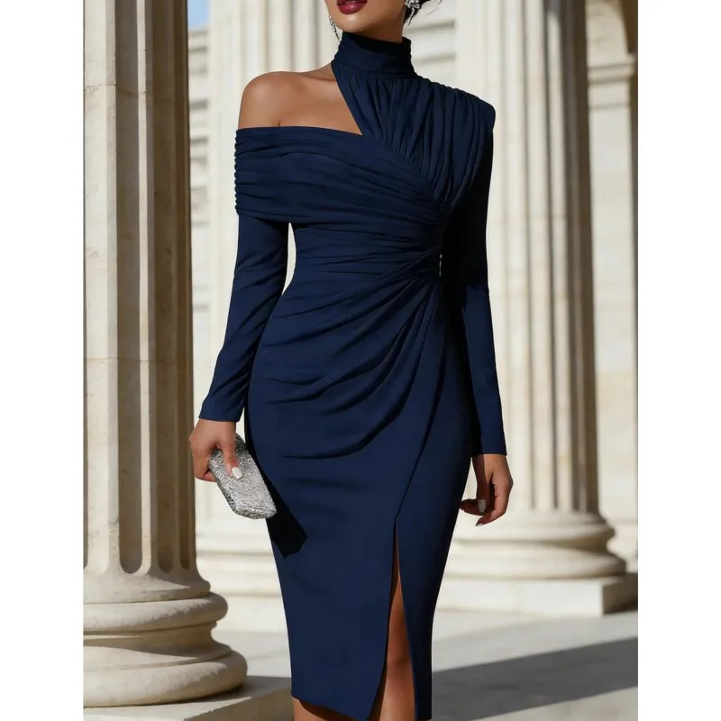Polyester Knit Dress Off-Shoulder Long-Sleeve Pleated Slit — Black | KIMLUD