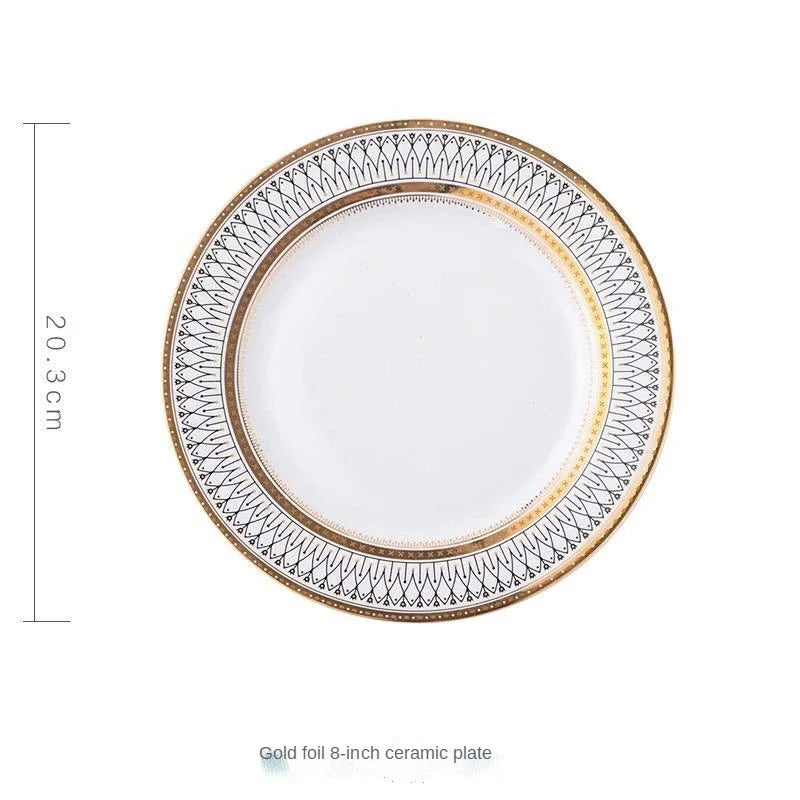 Ceramic European Style Dessert Plate With Gold Rim And Subtle Depth — White | KIMLUD