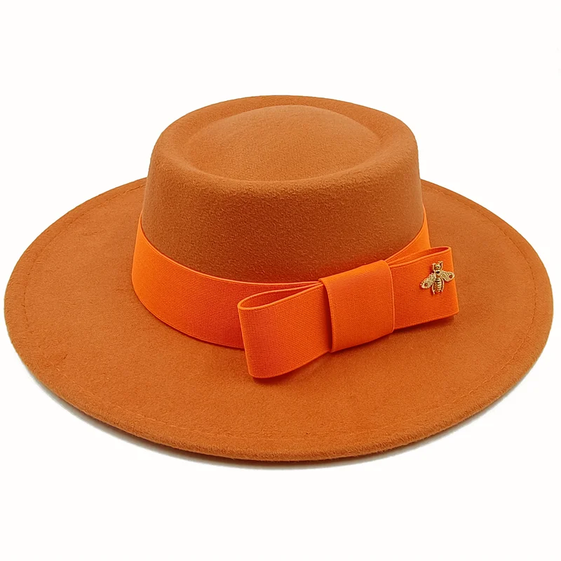 Wholesale Fedora hats Winter round concave convex surface flat top bow elastic ribbon men&#39;s and women&#39;s felt jazz hats Fedora - KIMLUD