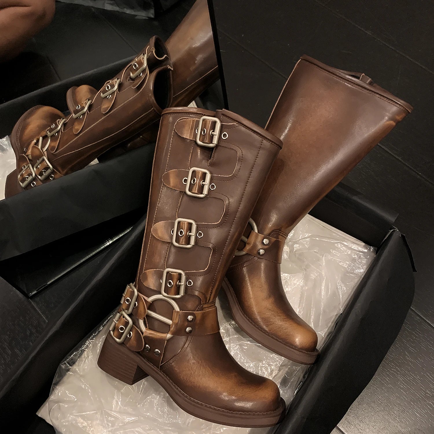 Knee-High Western Boots – Platform Rivet Belt Buckle – Genuine Leather | KIMLUD