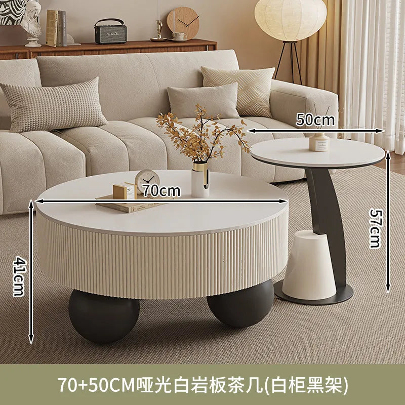 Minimalist Round Coffee Table With Storage Drawers — Ivory White | KIMLUD