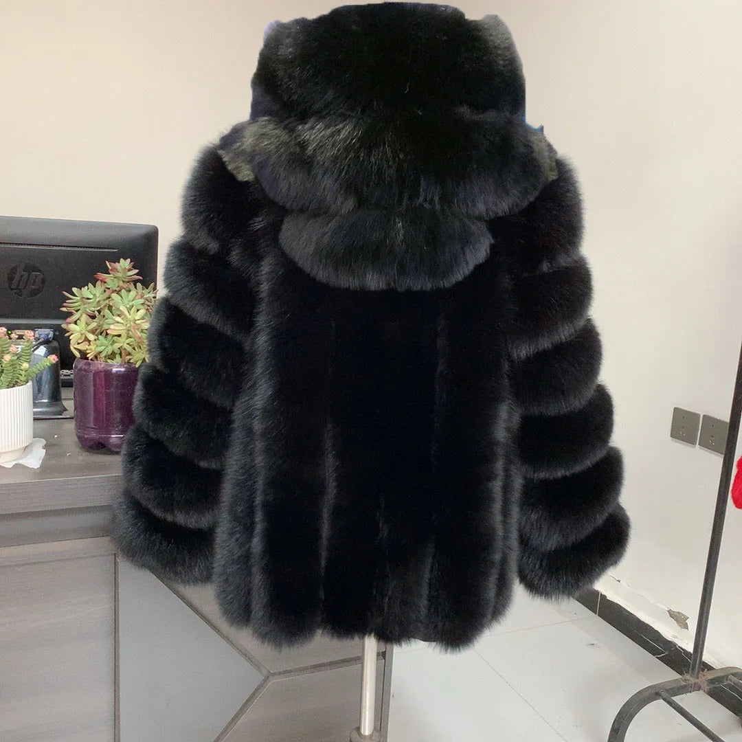 New women's vertical hooded Real fox fur coat for autumn and winter fashion natural fur jacket vertical hooded raccoon fur coat