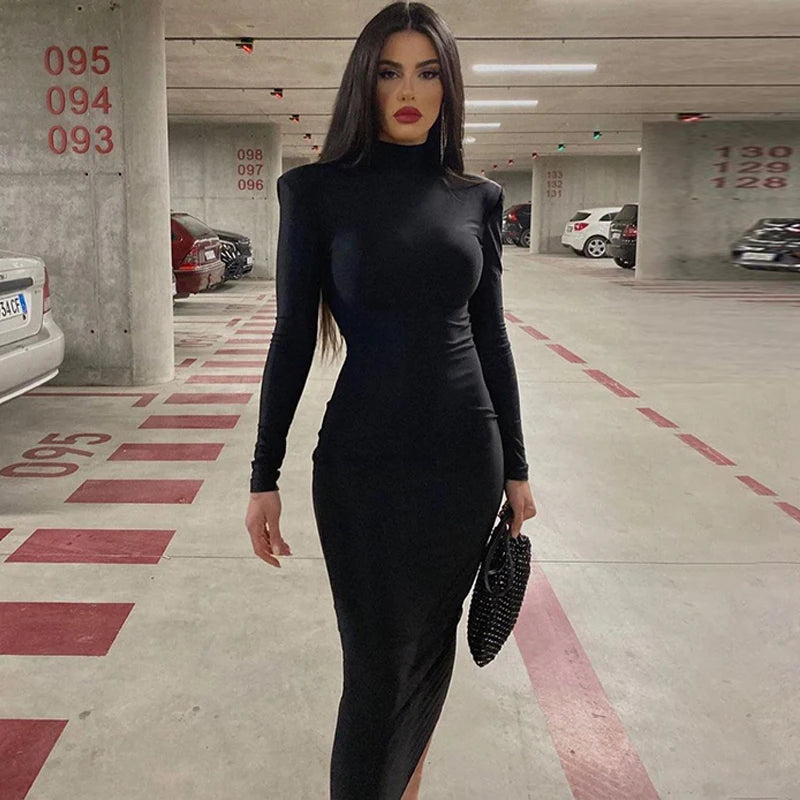Hugcitar Women Fashion Turtleneck Long Sleeves Black Sexy Bodycon Maxi Prom Dress Fall Casual Clothes Streetwear Party Festival