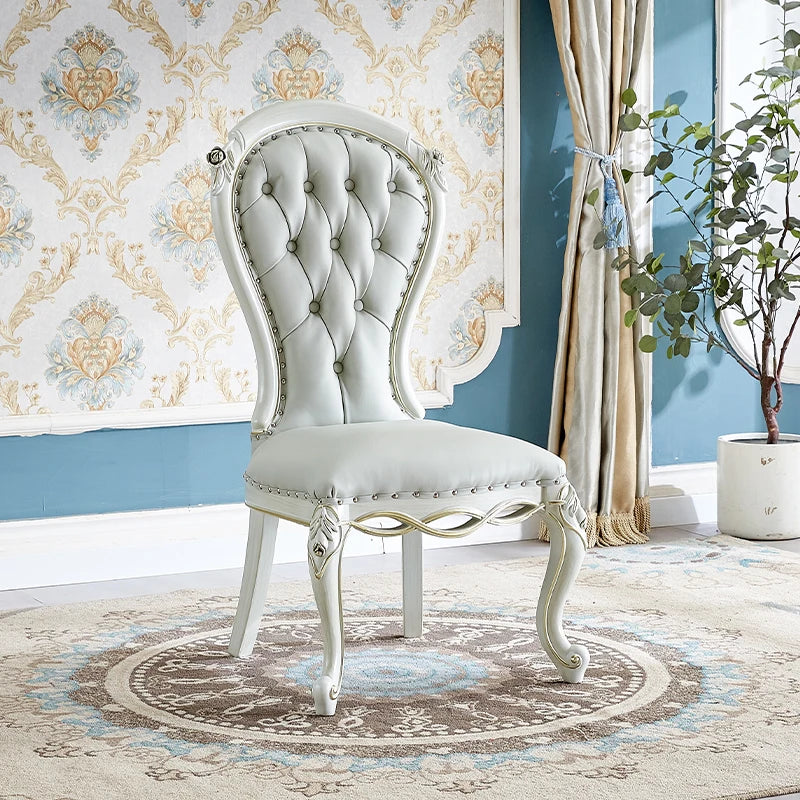 Leather Dining Chair Tufted Back With Solid Wood Frame — Ivory | KIMLUD
