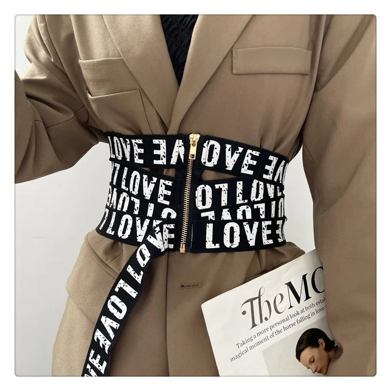 GetSpring Women Cummerbunds Letter Printed Zipper Black Wide Belt Fashion Elastic Waistband All Match Ladies Waist Band Corset