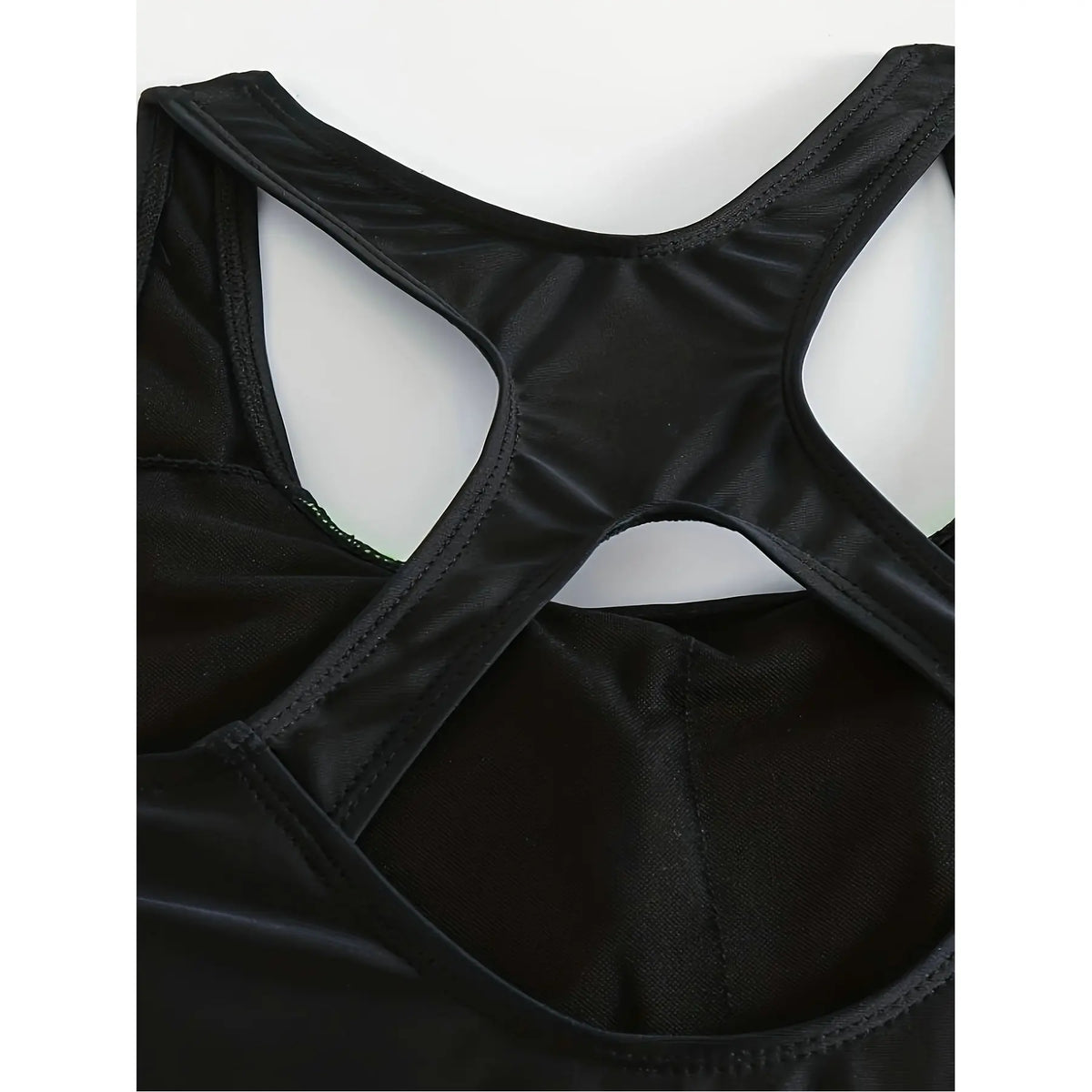 Conservative One-Piece Swimsuit Backless Color Block — Black and White | KIMLUD